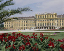 Schonbrunn Palace and formal gardens with a bed of red flowers in the foreground