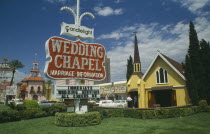 Candlelight wedding chapel and sign on The Strip