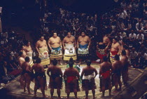 Sumo wrestlers at the opening ceremony at Kokugikan