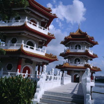 The Chinese Gardens. Twin chinese towers with paved entrance steps