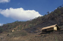 Slash and burn country with small wooden huts in cleared forest areaBurma