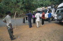 Trucks stopped at roadblock in area under control of militia forces. Lorry  Lorry