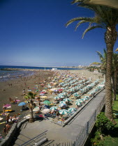 San Augustin Playa de las Burras.  Sandy beach crowded with holidaymakers and lines of green and white sun loungers and sun umbrellas.