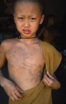 Portrait of young novice Buddhist monk from The Golden Horse Forest Monastery with rearing horse tattooed across his chest.Thai/Burmese border.