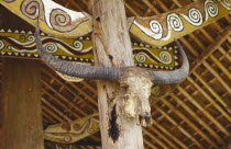 Jinghpaw ceremonial house interior detail of decoration and skull at Manao grounds in Waing Maw Burma