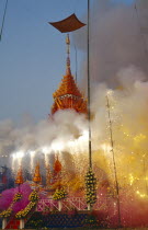 Revered monks funeral with smoking mythical elephant swan funeral pyre on the cremation grounds