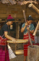 Sgaw Karen woman pounding rice by hand while another sifts with a large bamboo tray