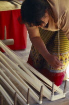 Thai woman winding thread in to a skein