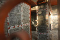 Hindu verse cover the floor  walls and ceiling of a Hindu saints shrine near Tulsi Das Ghat