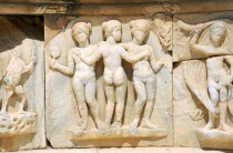 Bas relief carvings of mythological figures on white marble pulpitum of theatre. Theater Possibly the Three Grace s