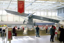 View of the overhead Spirit of St Louis Airplane at the Minneapolis-St. Paul International Airport Charles Lindbergh Terminal.