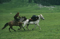 Kazakh traditional wrestling on horseback called Audaryspak performed at weddings and festivals.