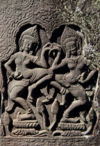 The Bayon.  Detail of carving of two dancing AsparasAsian Cambodian Kampuchea Religion Southeast Asia 2 History Kamphuchea Religious