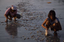 Klong Dao beach two women collecting shellfish at low tideAsian Beaches Prathet Thai Raja Anachakra Thai Resort Sand Sandy Seaside Shore Siam Southeast Asia Tourism 2 Female Woman Girl Lady Siamese F...