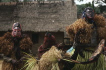 Boys masquerade in Ekpe regalia wooden masks and Rafia. Leopard cult Balundi