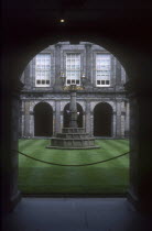 Holyrood Palace internal courtyard with surrounding colonnades and central monument