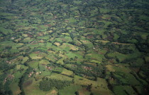 Aerial landscape over fields of crops and lush vegetation.