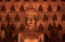 Wat Si Saket.  Detail of Buddha figure in the foreground with niches containing more figures behind.
