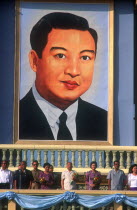 Norodom Sihanouk addresses Phnom Pehn after the elections of November 1991.  Large portrait backdrop.