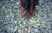 Student forced labour working on the road to the War Cemetery.  Girl crouched to pick up stones  detail of hands.