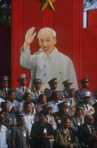 Liberation of Saigon 10th anniversay celebration.Generals standing infront of poster of Ho Chi Minh.