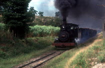Sugar train traveling through the country with black smoke pouring from the engine