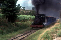 Sugar train traveling through the country with black smoke pouring from the engine