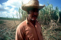 Sugar worker wearing a straw hat standing in front of crops