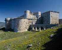 Crusader Castle in field of yellow wild flowers.