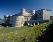Crusader Castle in field of yellow wild flowers.