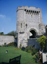 Lewes Castle. View from garden towards one of the semi octagonal towers.