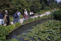 Wisley Royal Horticultural Society Garden. Visitors looking over pond filled with water lilies.