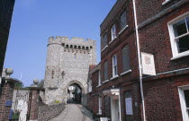 Lewes Castle. View up path towards one of the semi octagonal towers and Sussex Past Museum.