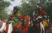 Salah Day.  The Emirs entourage  mounted men in brightly coloured costume. Colored