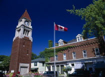 Queen Street Clock Tower and Flag.American Canadian North America Blue Destination Destinations Holidaymakers Northern Tourism Tourist