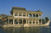 The Summer Palace.  Visitors on the Marble Boat on Kunming Lake. Peking