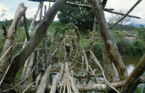 Napu Valley. Bamboo bridge with man walking across.