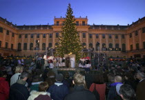Crowds watching a nativity scene performed beneath the Christmas tree at the Schloss Schonbrunn Christmas Market.