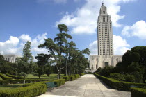 The Louisiana State Capitol Building seen from gardens
