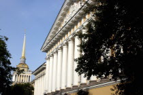 View along columned facade of the Mikhailovsky Palace and Russian Museum toward spire