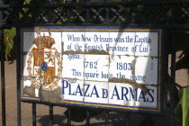 French Quarter. Tiled plaque on wrought iron gate of the historically known Plaza d Armas