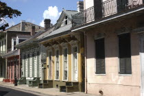 French Quarter. View along pastel coloured architecture with shuttered windows