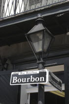 French Quarter. Lamp post and Rue Bourbon street sign