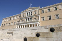 Angled view of the facade of the Parliament building