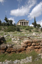 View over the Ancient Agora ruins toward the hilltop Temple of Hephaestus