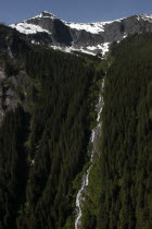 Snow capped mountain tops with waterfall running down steep tree covered slope