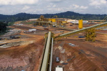 Elevated view over gold mine and machinery.