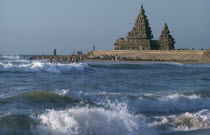 View across sea towards Shore temples.Mahabalipuram
