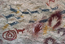Cave of the Hands.  Prehistoric rock paintings of human hands and animals in red black and orange 13 000 to 9 500 years old.