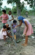 Catholic family conducting memorial service around makeshift grave in slum area graveyard.Brasil Brazil